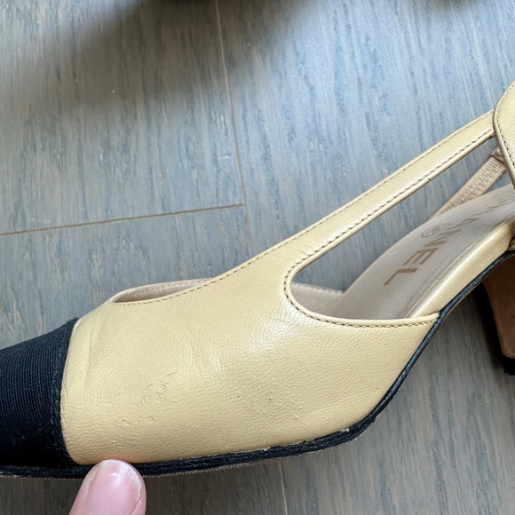 Chanel Slingbacks Beige Black Goatskin & Grosgrain Leather Heel Color Block - 36 - Picture 4 of 16